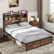Telaio per letto in metallo industriale, con testata di stoccaggio e stazione di ricarica, con piattaforme matrimoniali/queen con doghe in metallo, design senza rumore (210,5 x 140 cm)