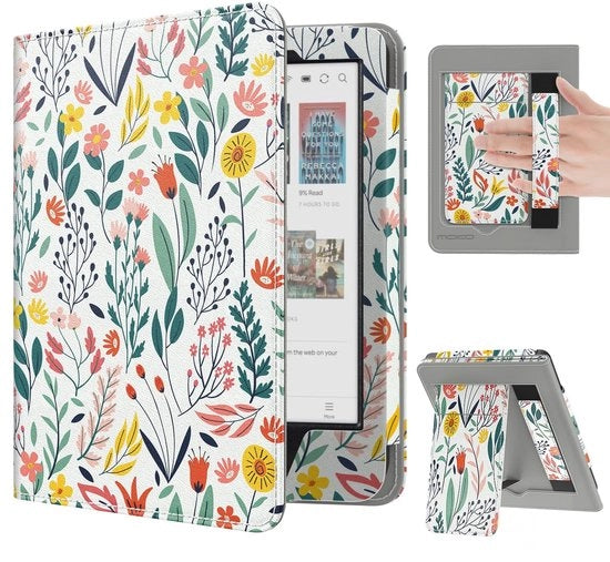 Copricapo Flessibile Slim in PU - Custodia per E-reader - Adatta a Kobo Clara BW/Colour - Supporto Pieghevole - Cinturino Manuale - Tasche per Carte - Custodia per E-reader
