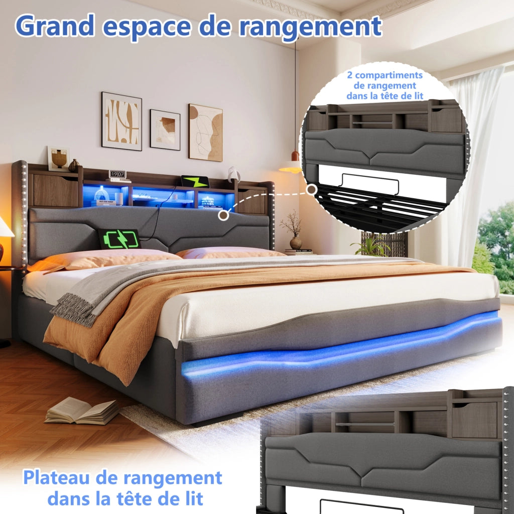 Letto imbottito ULEVR 180x200 cm con contenitore idraulico, LED, prese USB e Type-C, grigio