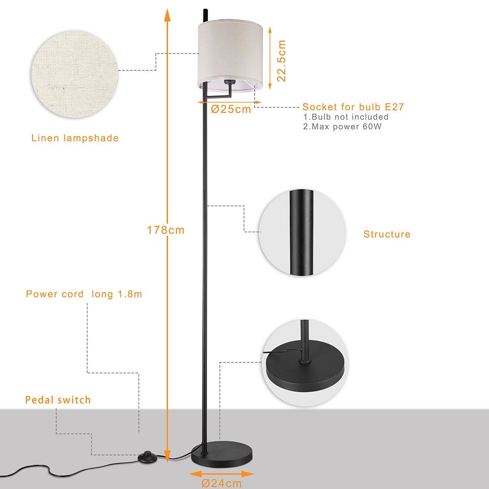 Lampada Piantana Terra Design Moderno Paralume E27 Tessuto e Metallo Nero