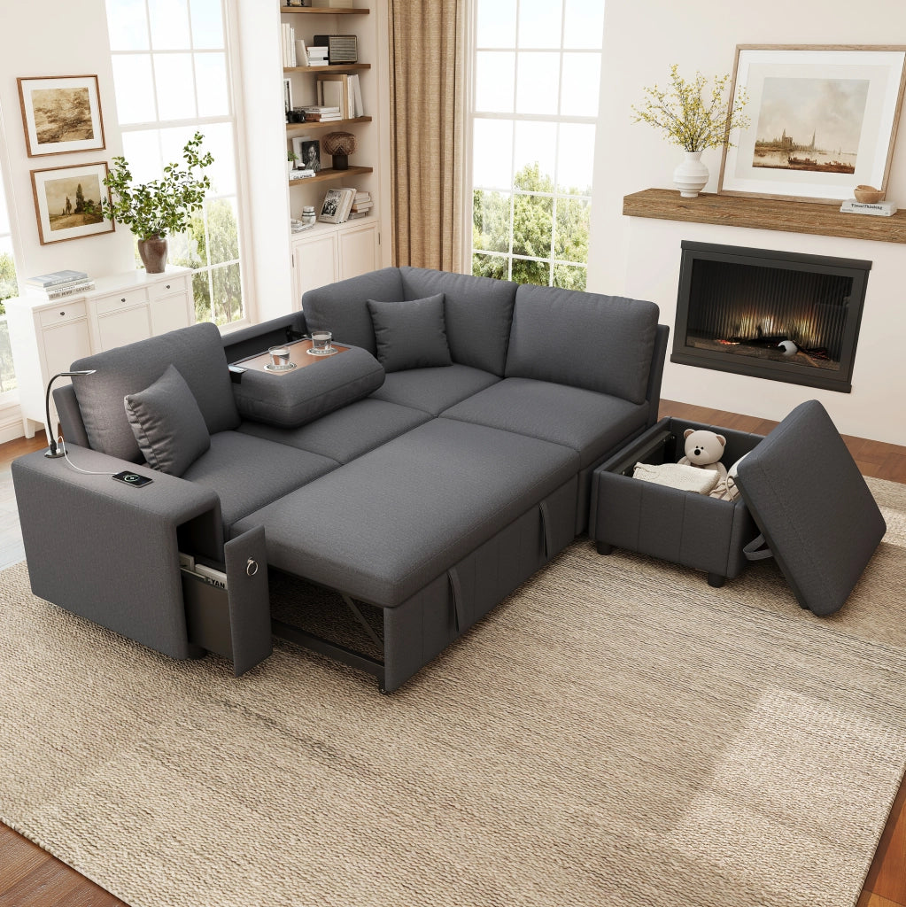 Divano letto angolare 5 posti con pouf contenitore; USB e Type-C grigio HOMVRA
