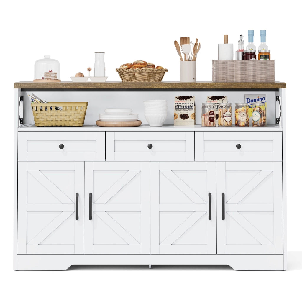 Buffet Anrichte 140 cm con 3 cassetti, 2 armadi e vani aperti, design rustico moderno in MDF, bianco e marrone