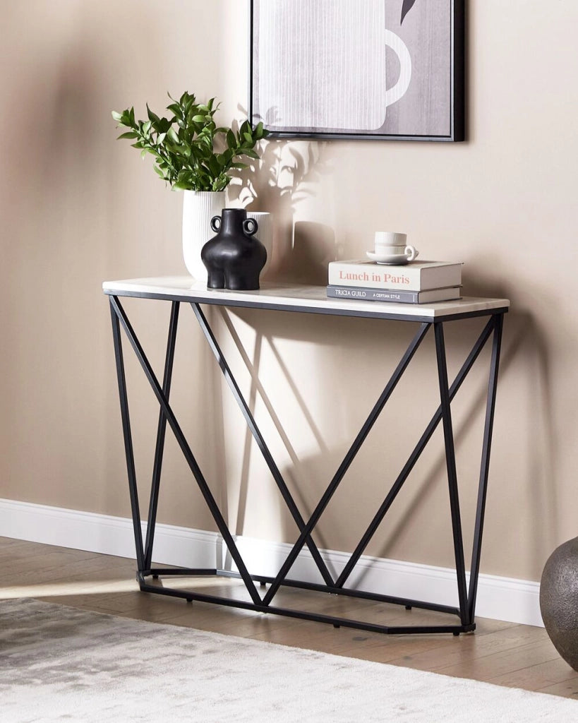 Tavolo consolle rettangolare in MDF e metallo effetto marmo bianco e nero stile moderno glam