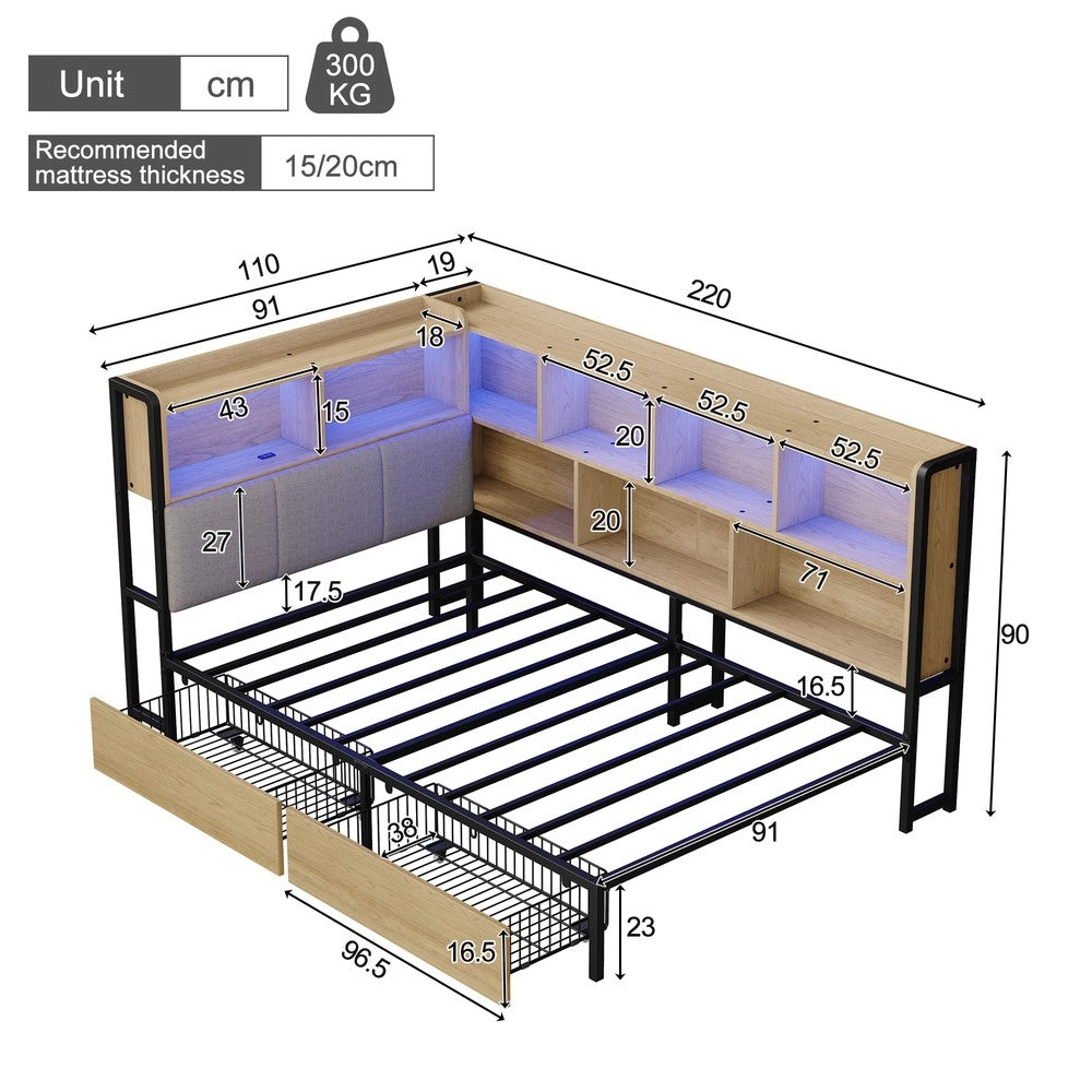 Letto Imbottito con LED e Cassetti ¨C Xylo ¨C 90x200, Metallo, Naturale