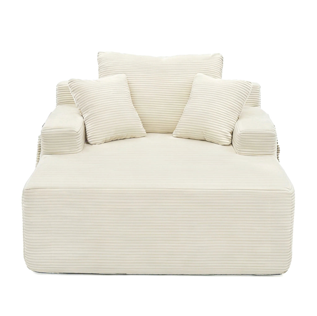 Divano compatto in velluto a coste beige con tasche laterali