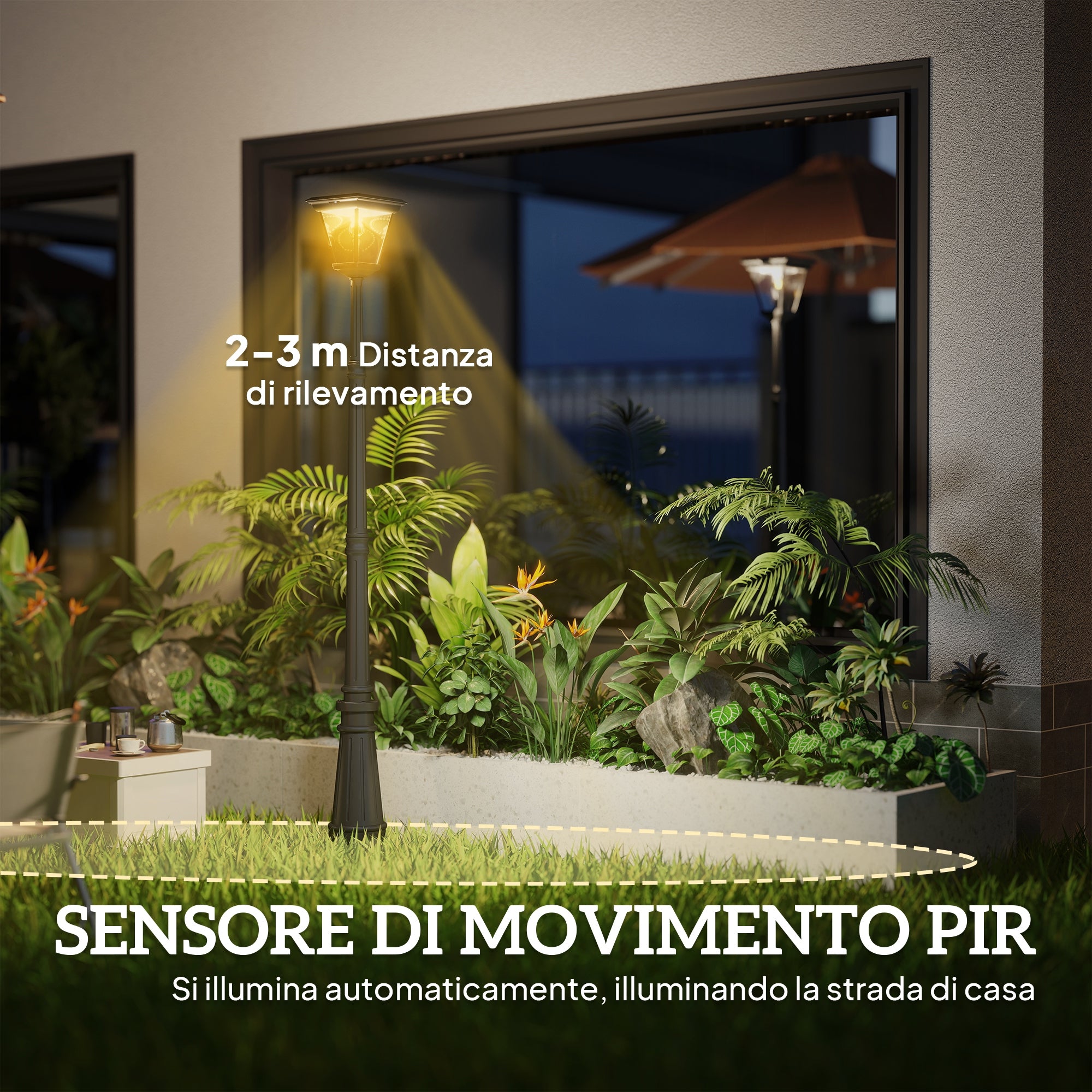 Lampione Solare da Giardino 26x24x220 cm Sensore PIR in Alluminio e Vetro Nero