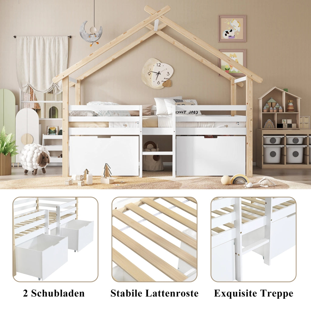 Letto a casa per bambini bianco e naturale in legno massello e MDF con funzione contenitore 90x200 cm