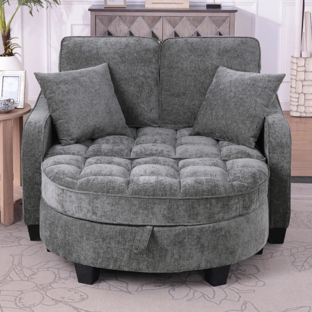 Divano letto 132x129x93 cm convertibile con pouf contenitore in eucalipto grigio scuro