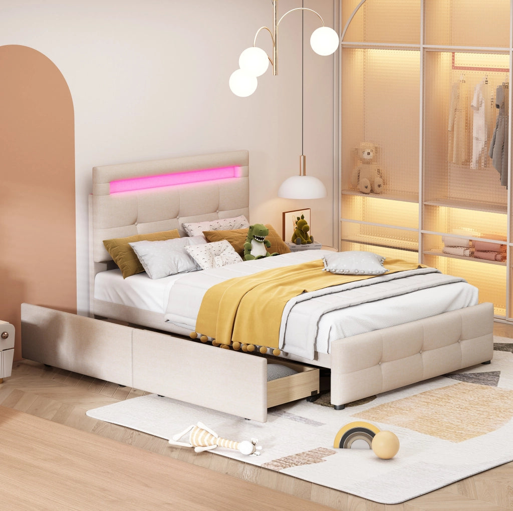 Letto imbottito matrimoniale 90x200 cm con LED e 2 cassetti; beige