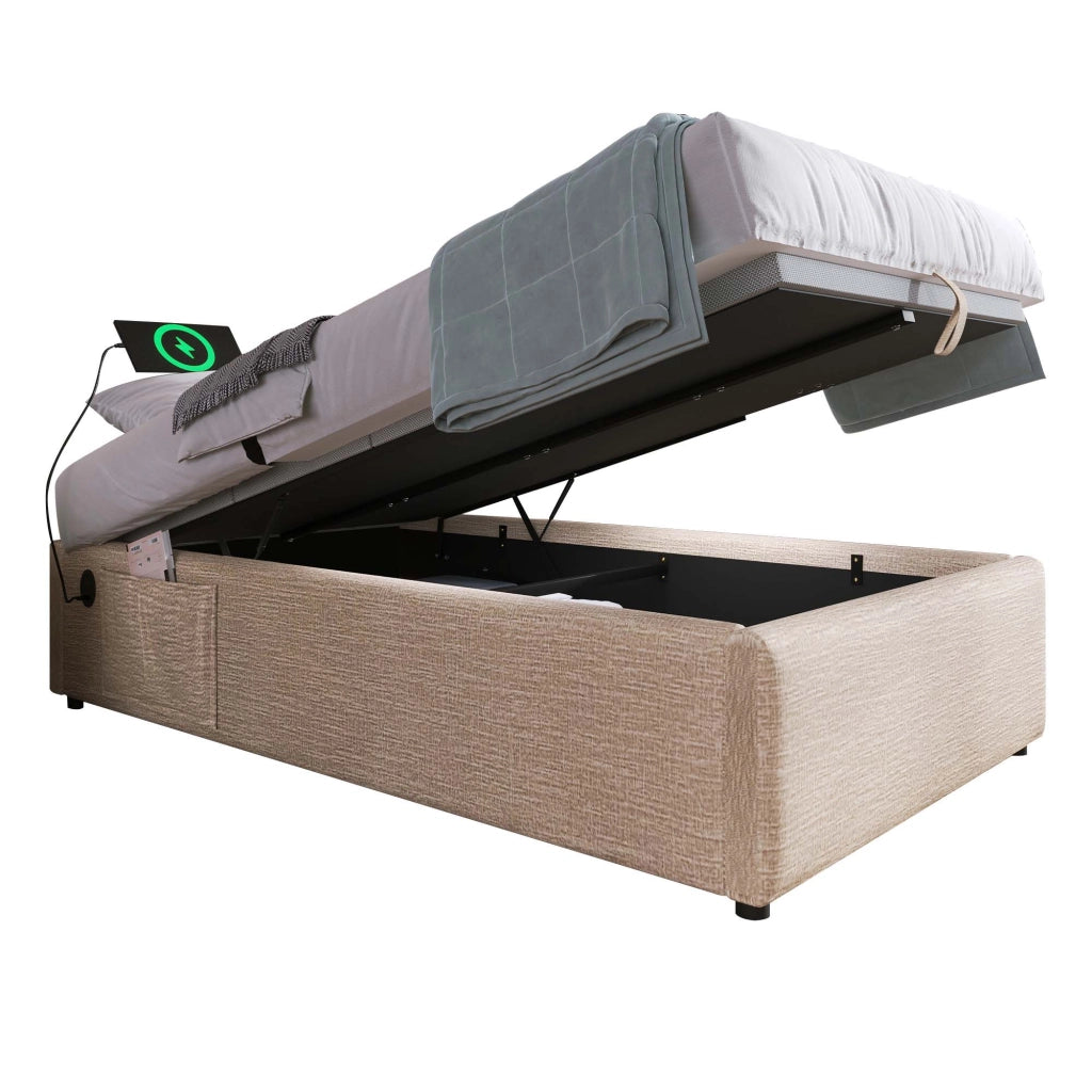 Letto singolo imbottito 90x190 cm in lino con contenitore, porta USB/Type-C, senza testiera