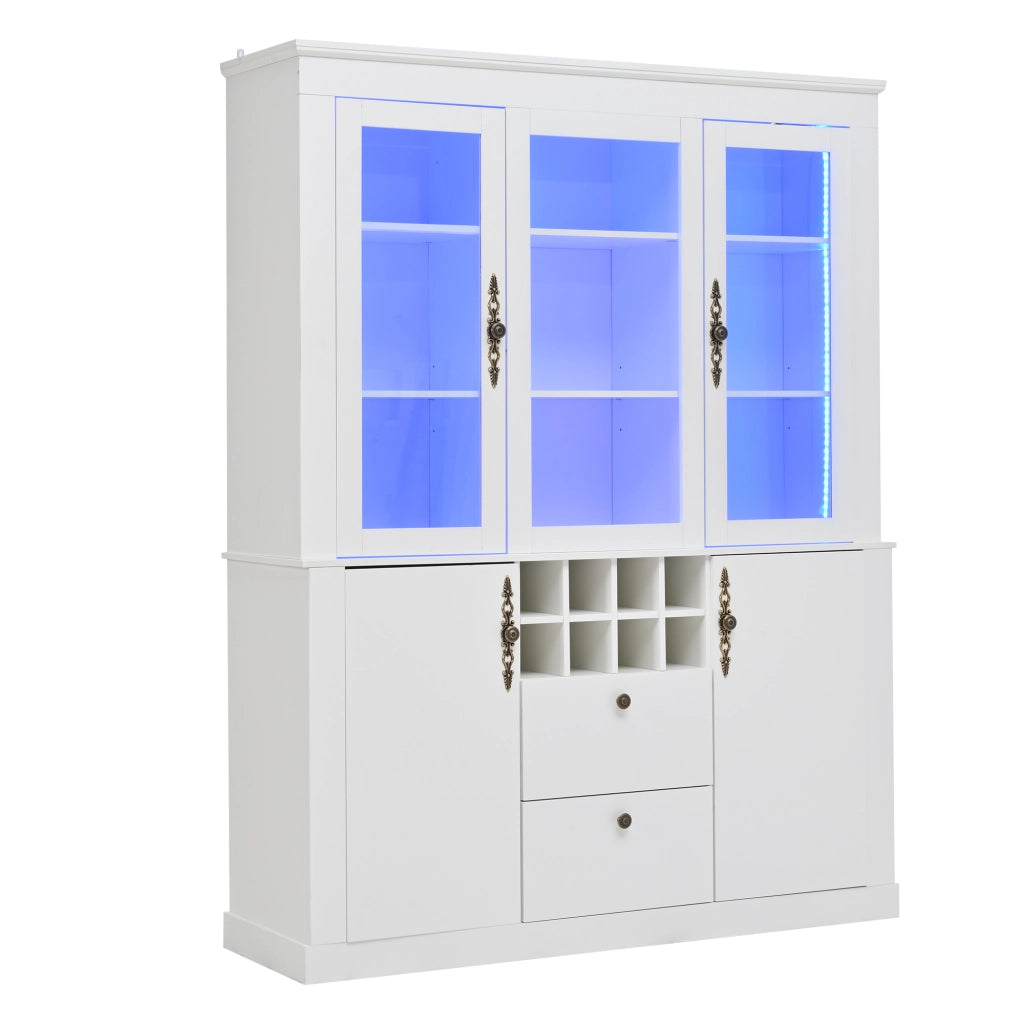Vetrina con 2 cassetti 4 ante e 8 portabottiglie con LED per soggiorno e sala da pranzo in bianco 130 × 37,5 × 170,5 cm