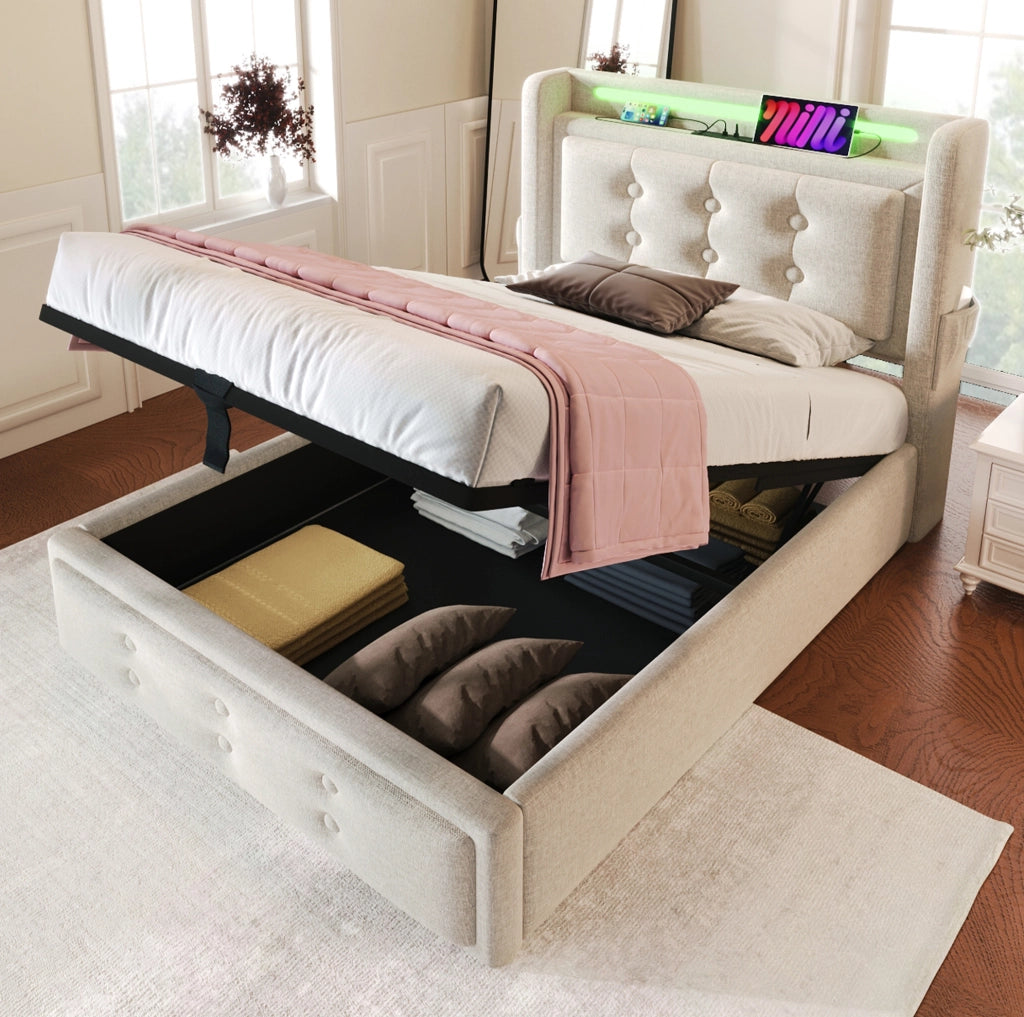 Letto singolo 90x200 cm imbottito in tessuto cotone e lino; con LED; USB e contenitore; beige