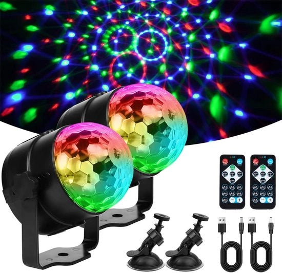 Lampada a disco con cavo USB attivato da suono, telecomando, 360 gradi girevole, 3 W, RGB, mini per auto, bambini, compleanni, Natale e riunioni familiari, multicolore (2 pezzi)