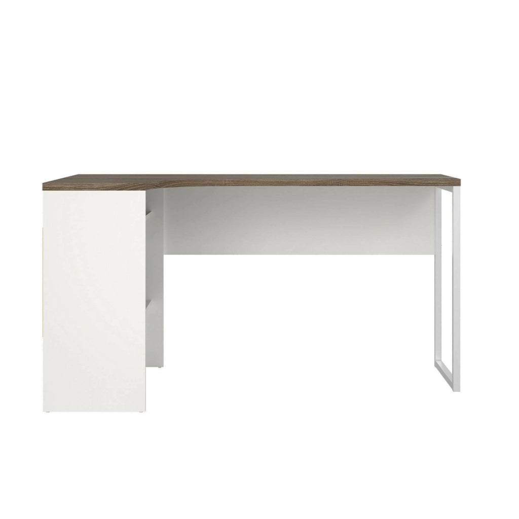 Scrivania ad angolo con due Moire, colore bianco e quercia, cm 145 x 76 x 81