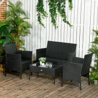 Set da Giardino 4Pezzi in Rattan con 2 Sedie, Poltrona da Giardino a 2 Posti e Tavolino Basso