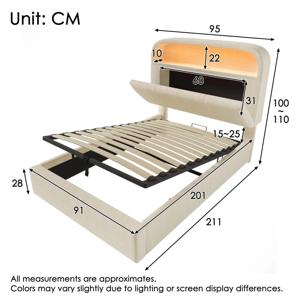 Letto singolo 90x200 cm in velluto beige con testiera regolabile; contenitore; LED e ricarica USB/Type-C