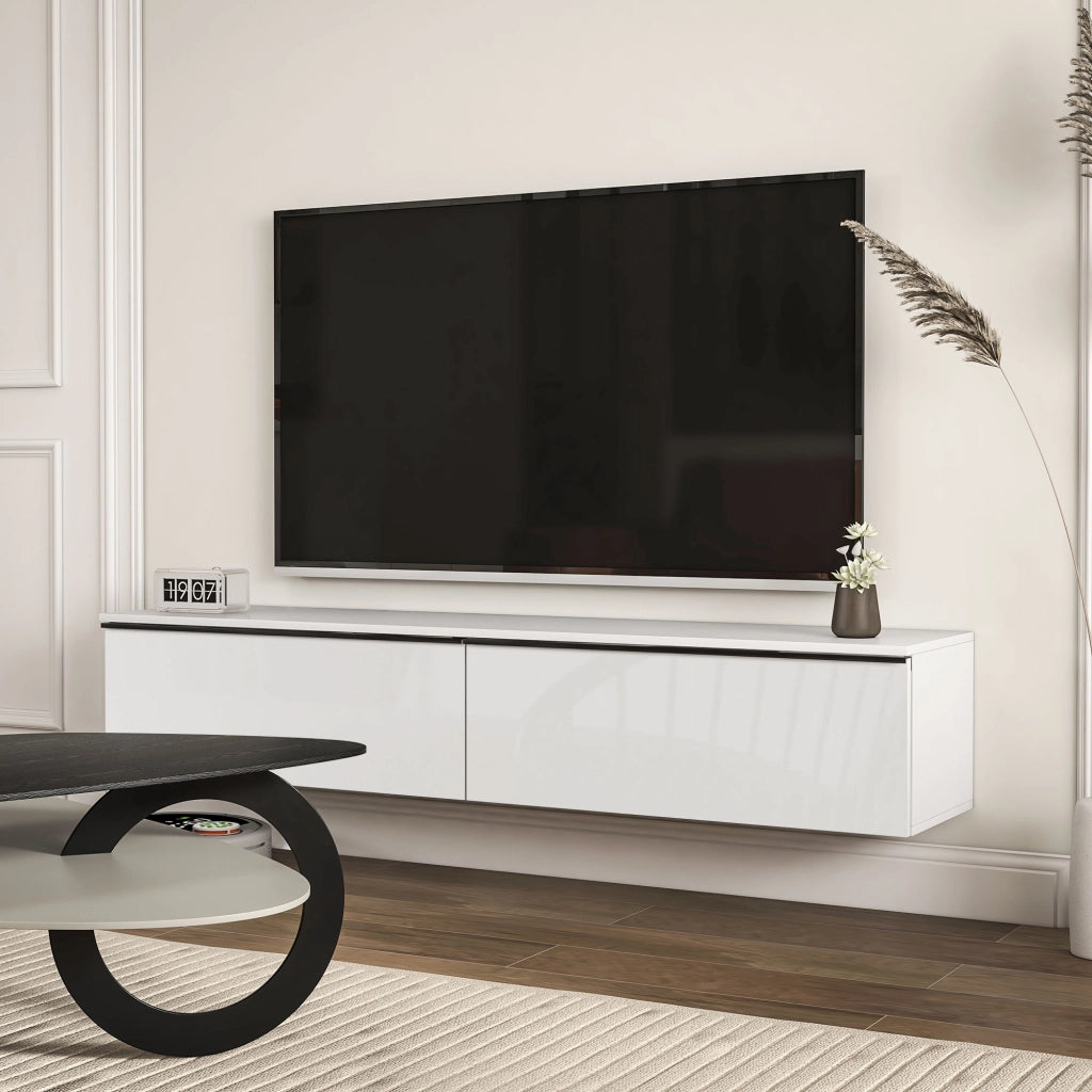 Mobile TV Sospeso con Ante a Ribalta e Armadietti ¨C Zephmum ¨C Bianco Lucido 160x35x30 cm