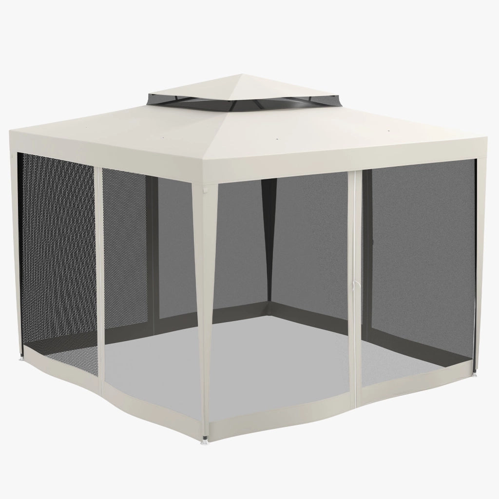 Gazebo da Giardino 300x300 cm con Zanzariera Doppio Tetto e 8 Fori in Acciaio e Poliestere Bianco Crema