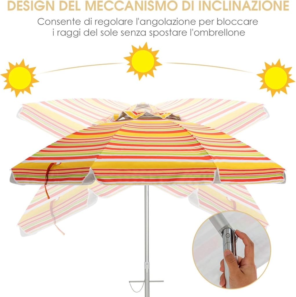 Ombrellone da Spiaggia 198 cm, Ombrello Parasole da Esterno con Palo Inclinabile in Alluminio, Ombrellone Portatile con Borsa di Trasporto, Anti UV 50+, 8 Stecche (Arancione e Giallo)