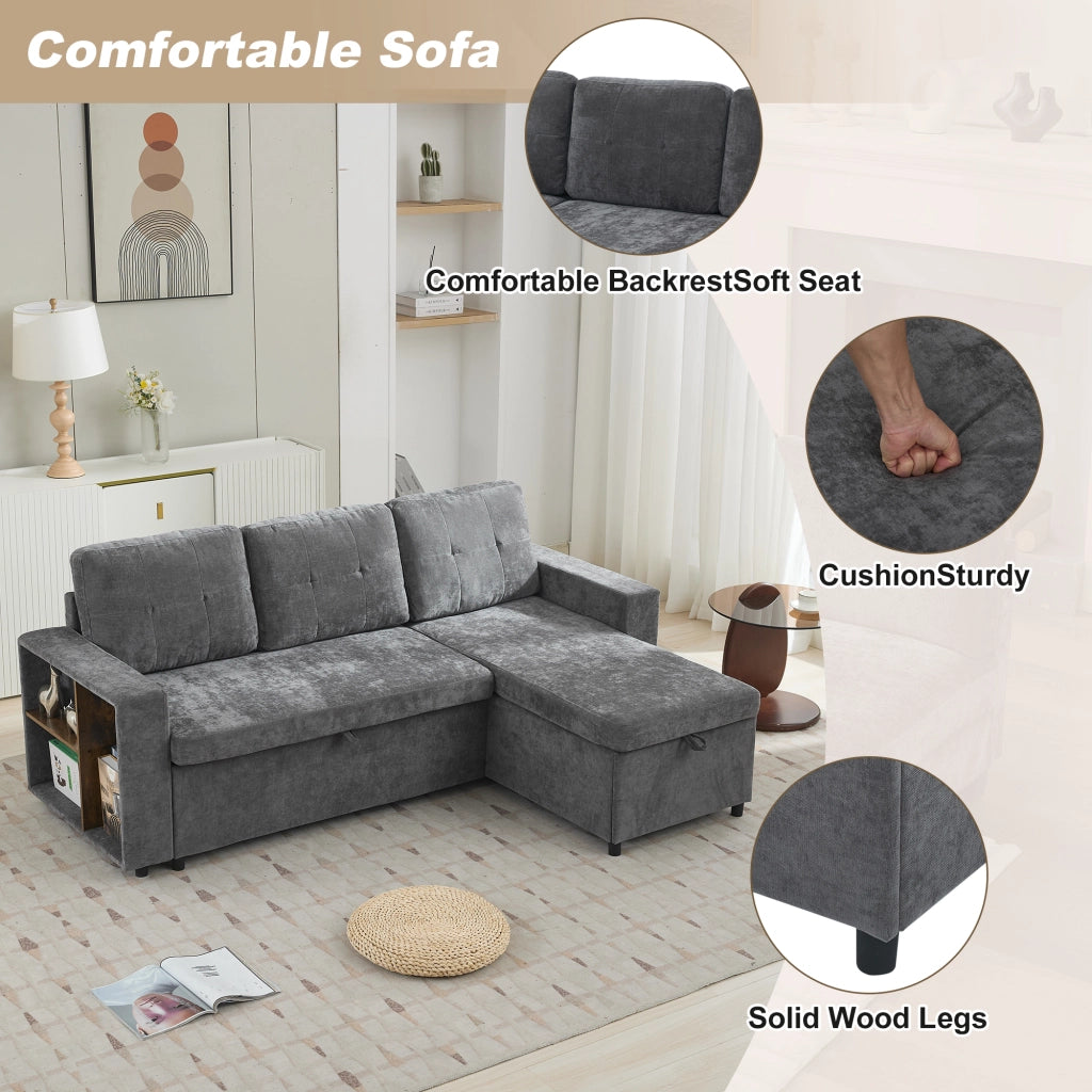 Divano angolare con contenitore e chaise longue reversibile con ripiani in chenille grigio 202 × 136 × 85 cm