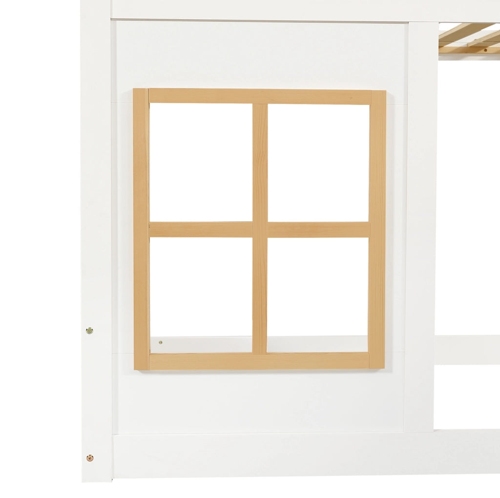 Letto a castello per bambini 90x200 cm in pino e MDF; bianco e naturale; con finestre e scala