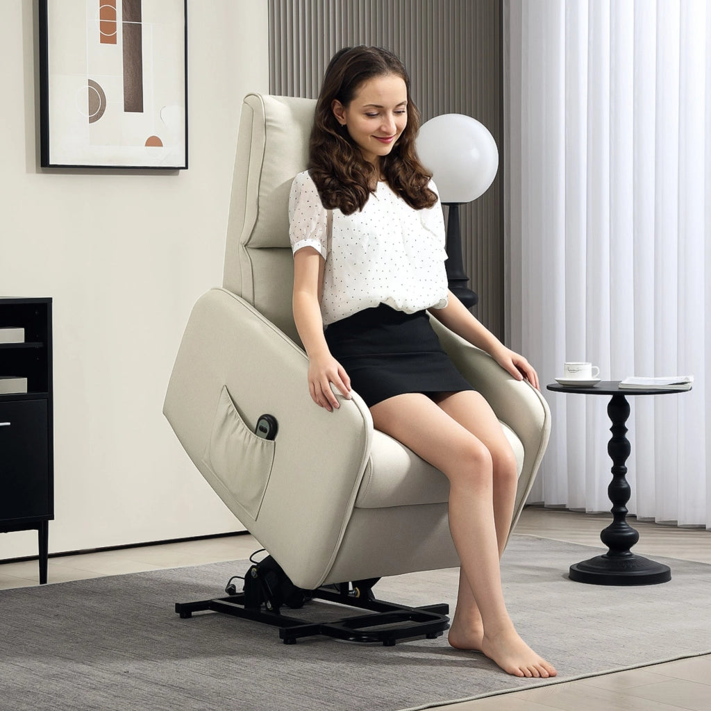 Poltrona Alzapersona Elettrica Reclinabile con Telecomando e Tasca in Tessuto Beige