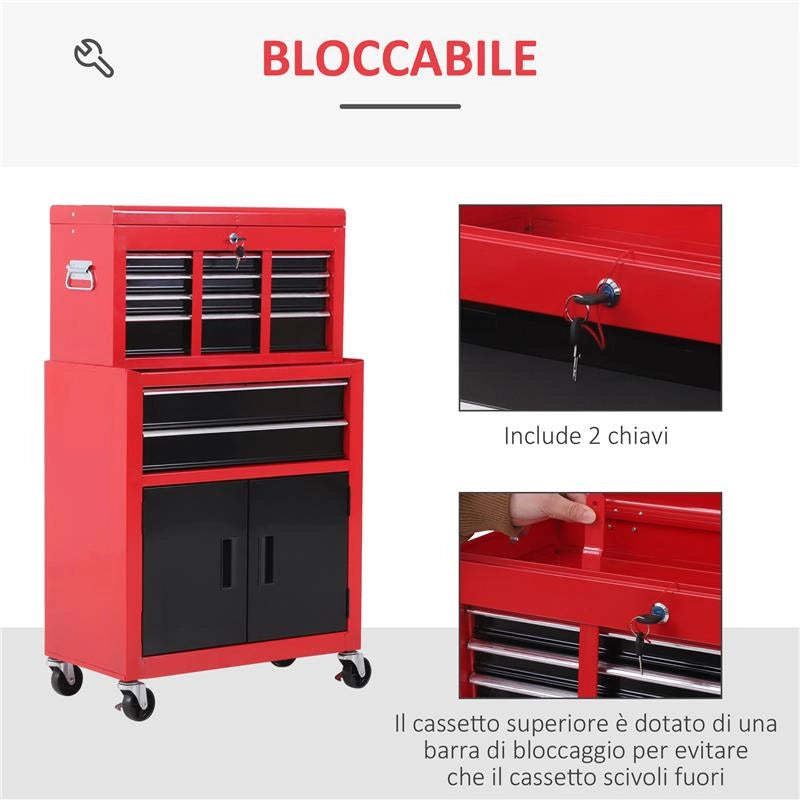 CARRELLO PORTA ATTREZZI 2 IN 1 CON CASSETTA SUPERIORE E ARMADIETTO INFERIORE, IN METALLO, 61.6X33X108 CM, ROSSO