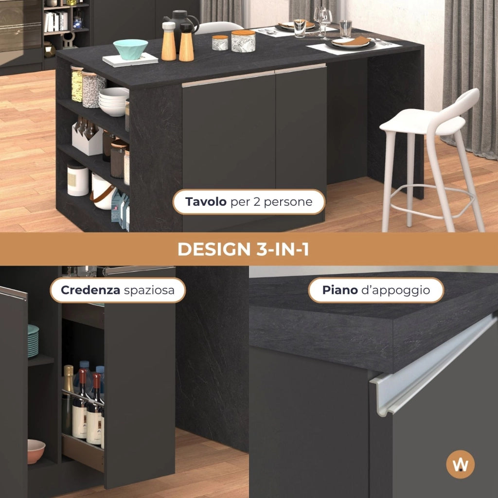 WHOUS Isola da cucina Sole 2 ante 2 cassetti e 1 scaffale antracite opaco/report 168x90x91 cm