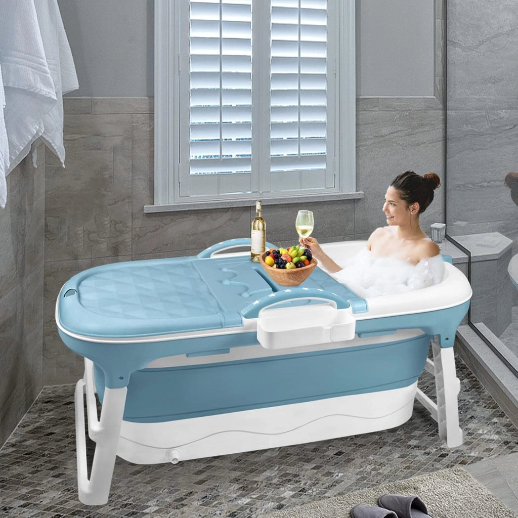 Vasca da bagno pieghevole per adulti, 118 x 60 x 53 cm, con copertura e cestino, mobile pieghevole, autoportante per bagno, doccia e balcone, blu