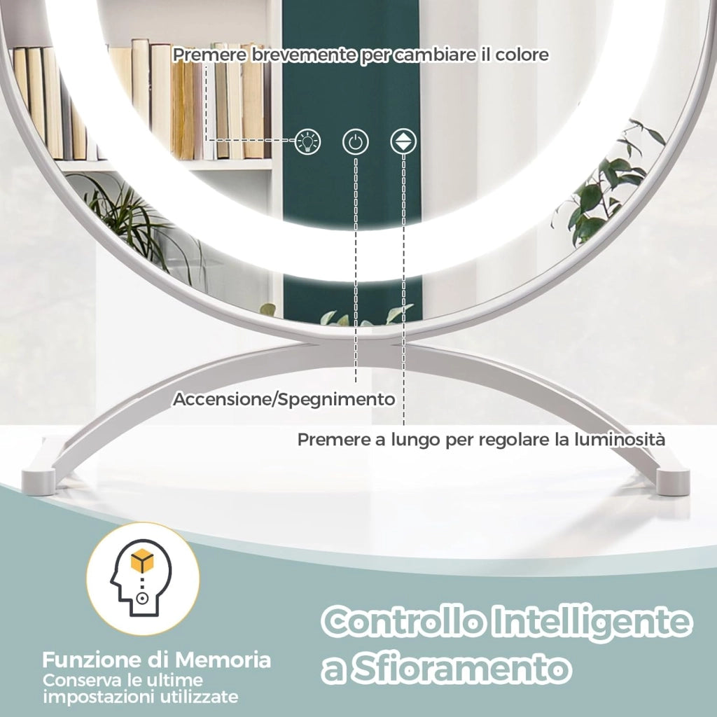 Specchio da Tavolo 30 CM, Specchio per Trucco con Luci LED a 3 Colori Controllo Tattile Intelligente, Rotazione a 360°, Specchio Rotondo con Cornice in Metallo, Bianco