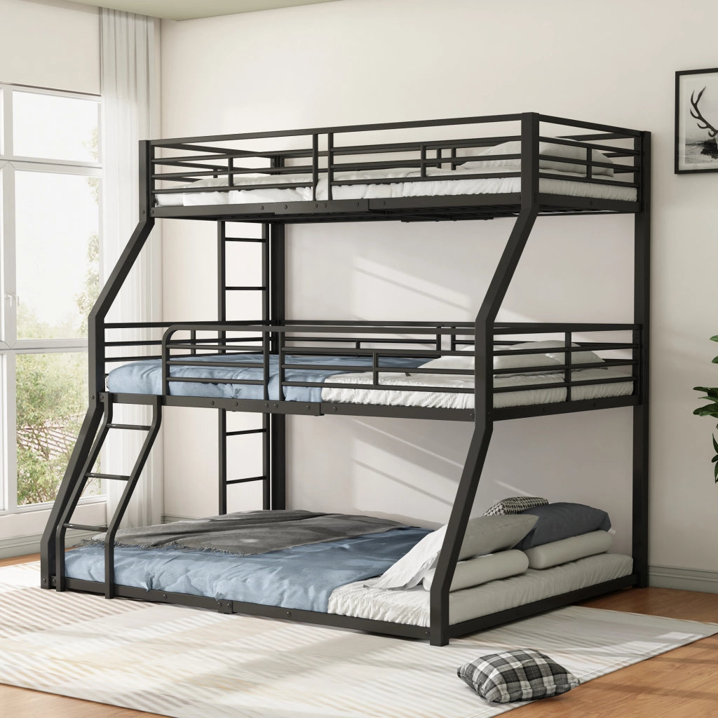 Letto a Castello Triplo 3 Posti con 2 Scale e Sponde; 90×200 cm; senza Materasso; in Metallo; Nero
