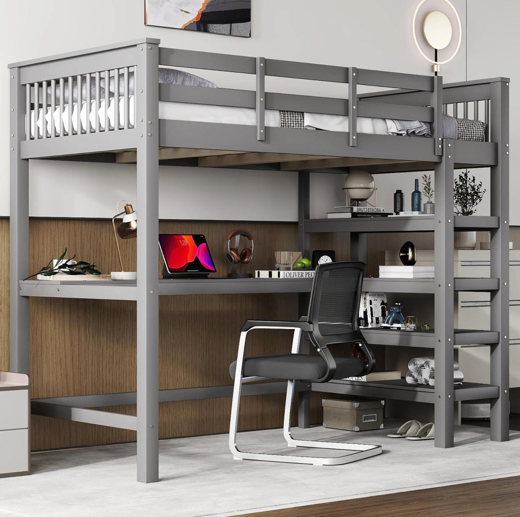 Letto a soppalco 90x200 cm grigio con scrivania e ripiani