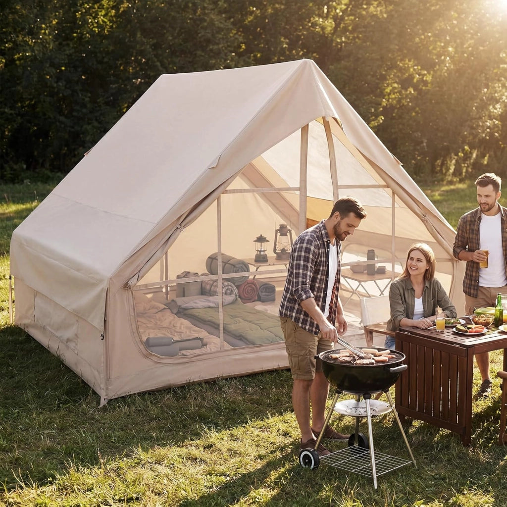Tenda da Campeggio Gonfiabile, Tenda da Esterno in Tessuto Oxford Impermeabile con Porte, Finestre, Pompa e Borsa da Trasporto per 4 Persone, per Viaggi e Escursionie, 295 x 205 x 200 cm