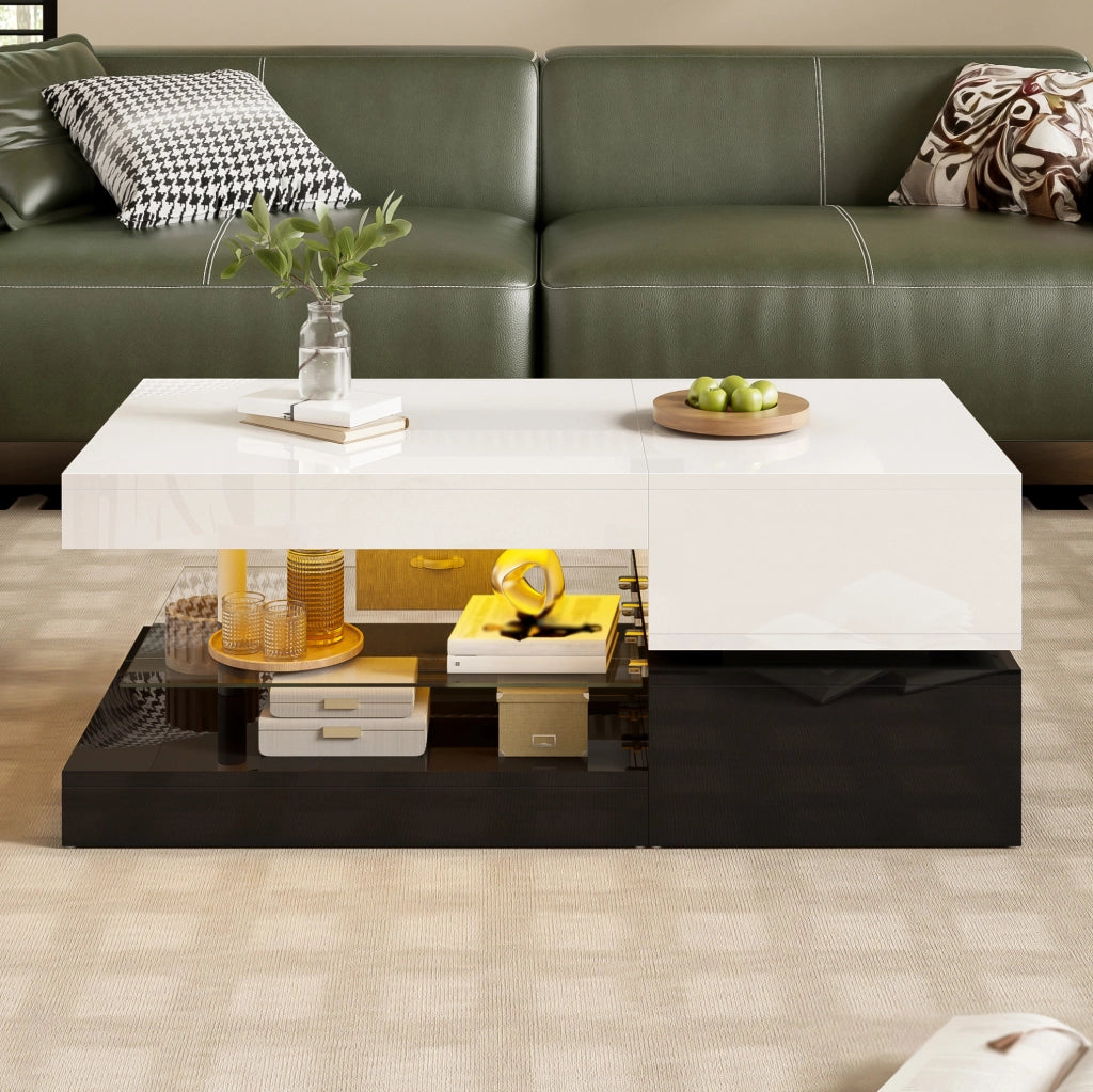 Tavolino da salotto moderno con LED; controllo APP e Bluetooth; 90 x 45 x 35;5 cm; nero e bianco lucido