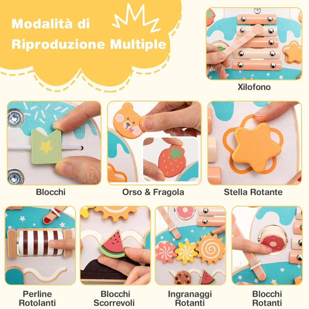 Girello in Legno per Bmabini, Passeggino Regolabile in Altezza con Centro Attività, Carello Primi Passi con Xilofono, Blocchi Scorrevoli e Perline Mobili, per Bambini 1+ Anni