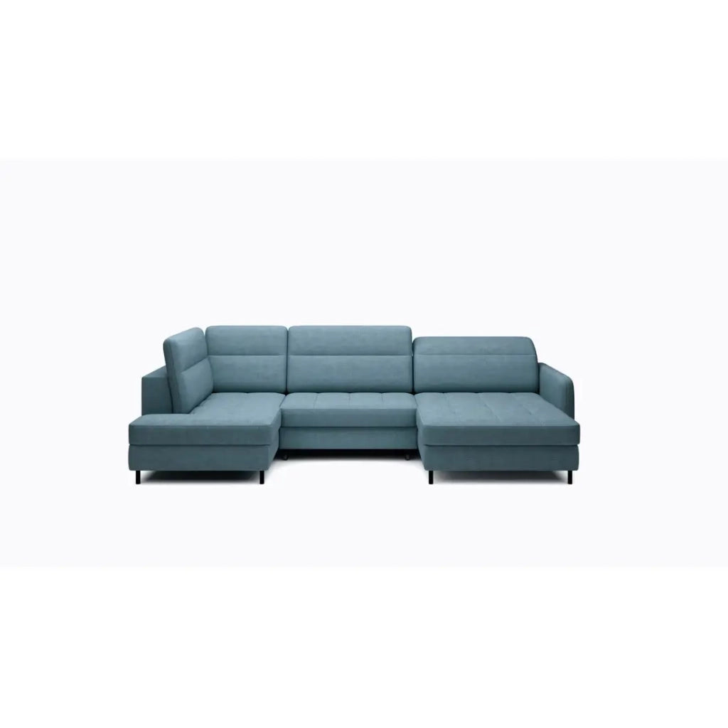 Canapé d'angle convertible BERTHO 306 cm bleu canard chenillé – Angle droit avec coffre