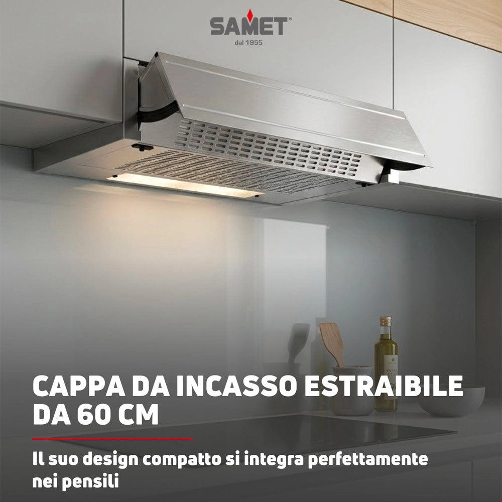Samet, Cappa Aspirante da Incasso 60 cm Estraibile, con Luce LED e Potenza 300 m³/h, Colore Alluminio, 60x30x15 cm