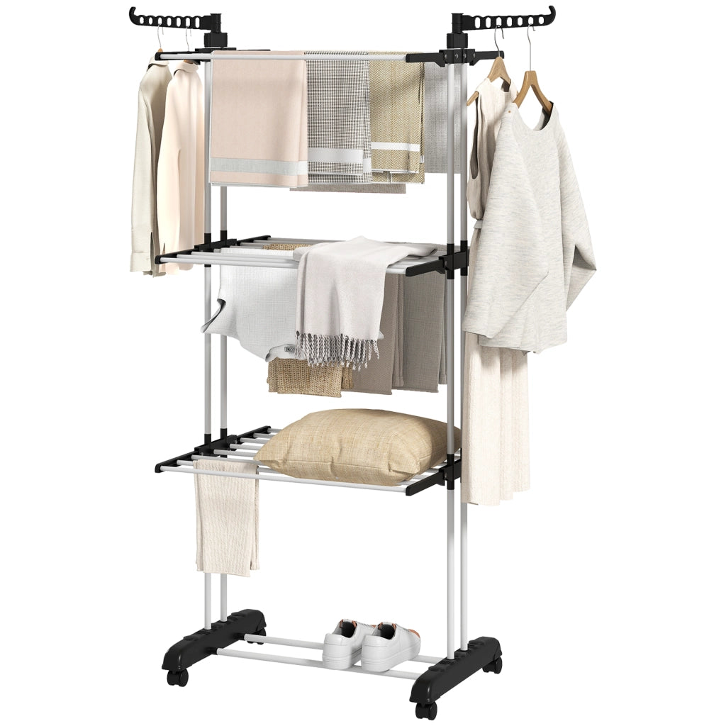 Stendibiancheria Pieghevole con Rotelle 3 Livelli ¨C zephmum ¨C 73x64x172 cm Nero e Bianco