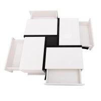Tavolino da Salotto Quadrato Lucido con 4 Cassetti, Design Unico di Colori e Linee, Spazio Portaoggetti Inferiore, Bianco