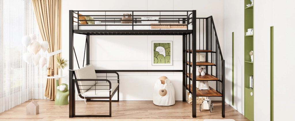 DESMIU Letto a castello 90 × 200 cm 2 posti con divano imbottito, vano contenitore e scala, senza materasso, nero