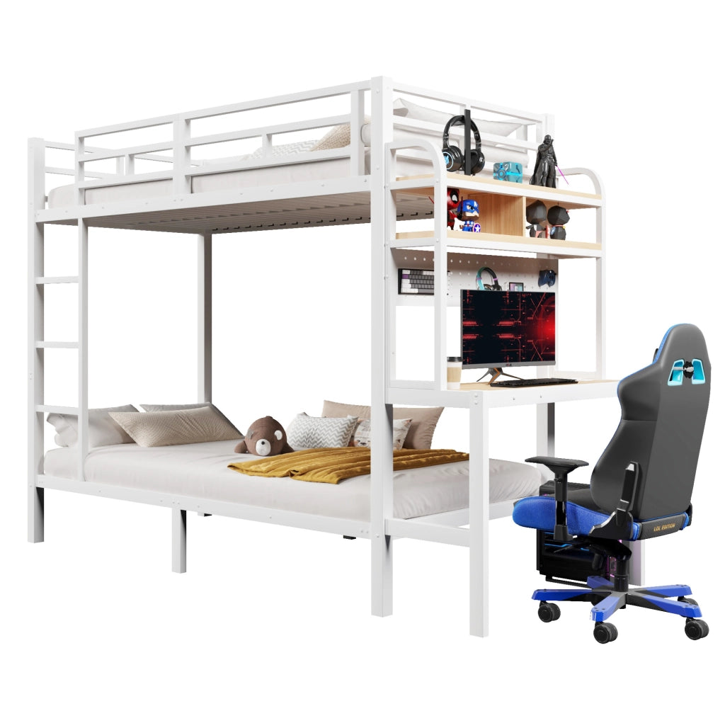 Letto a castello 90x200 cm in metallo e MDF; con scrivania; ripiani; LED e USB; bianco