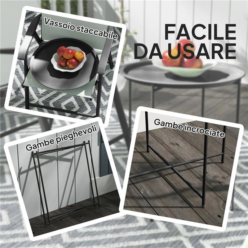 TAVOLINO DA GIARDINO CON VASSOIO RIMOVIBILE E GAMBE PIEGHEVOLI IN ACCIAIO, Ï46X50 CM, NERO