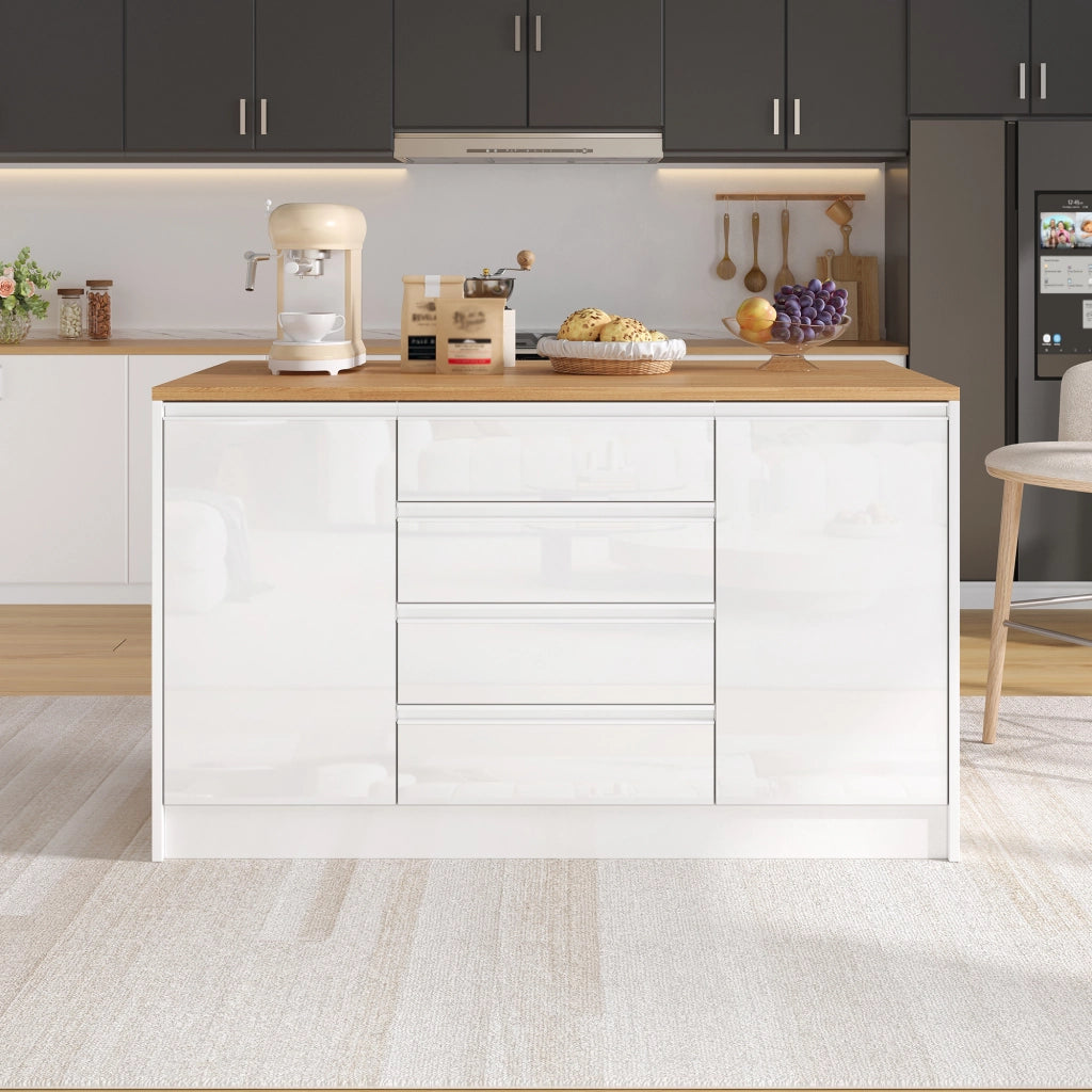 Isola Cucina con Piano Allungabile ¨C MINIMAL ¨C Bianco, 4 Cassetti, 2 Ante, 140 cm