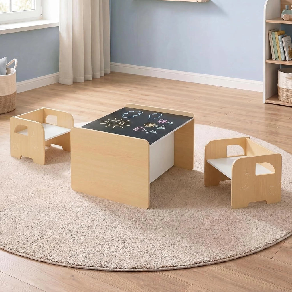Set Tavolo e 2 Sedie per Bambini, Tavolo e Sedie Salvaspazio per Bambini 3+ Anni con Lavagna per Disegnare e Piedini Antiscivolo, per Camerette, Soggiorno e Studio (Naturale)