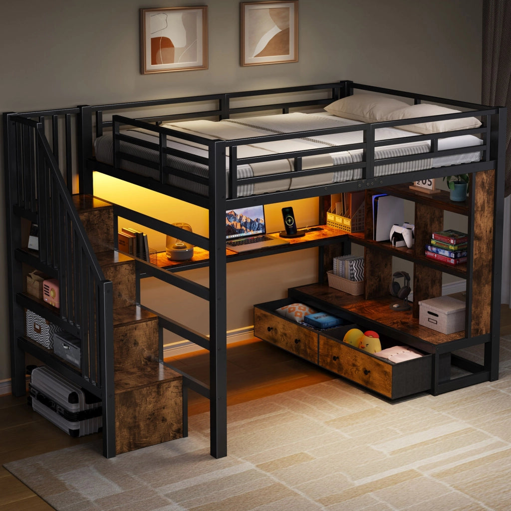 Letto a soppalco 140x200 cm con scrivania; libreria; cassetti e LED; nero in MDF e metallo