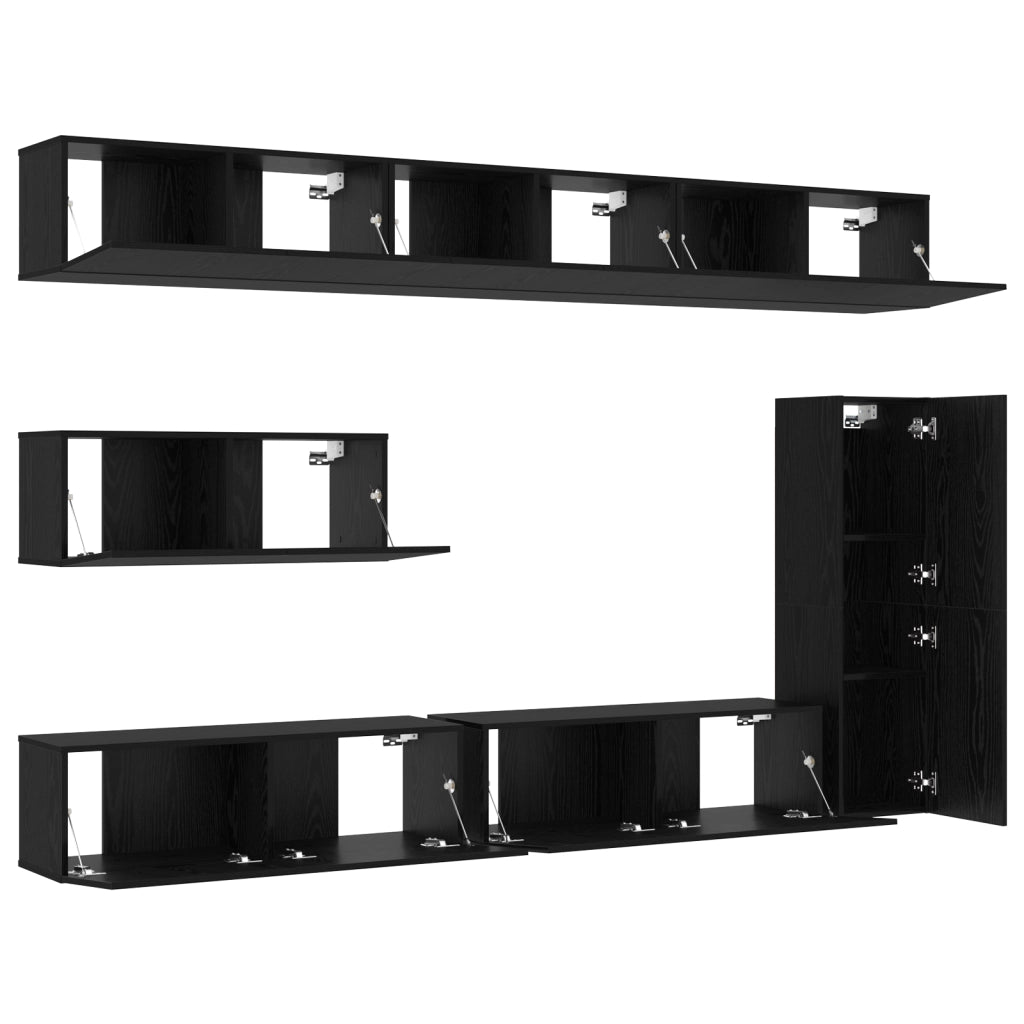 Set di mobili TV da 7 pezzi montato a parete in rovere nero in legno ingegnerizzato
