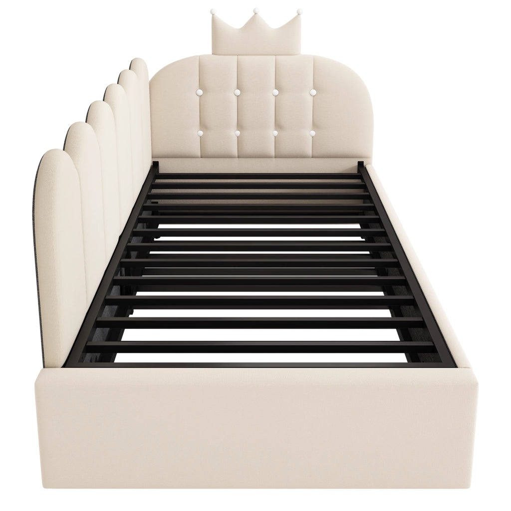 Letto per bambini 90x200 cm, testiera a forma di corona, con letto estraibile, in velluto, beige