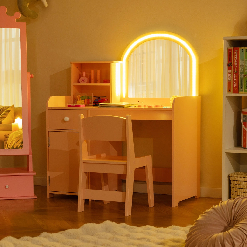 Set tavolo da trucco per bambini con sedia mensole cassetto e anta-Toeletta da trucco in legno con luci LED Oro rosa