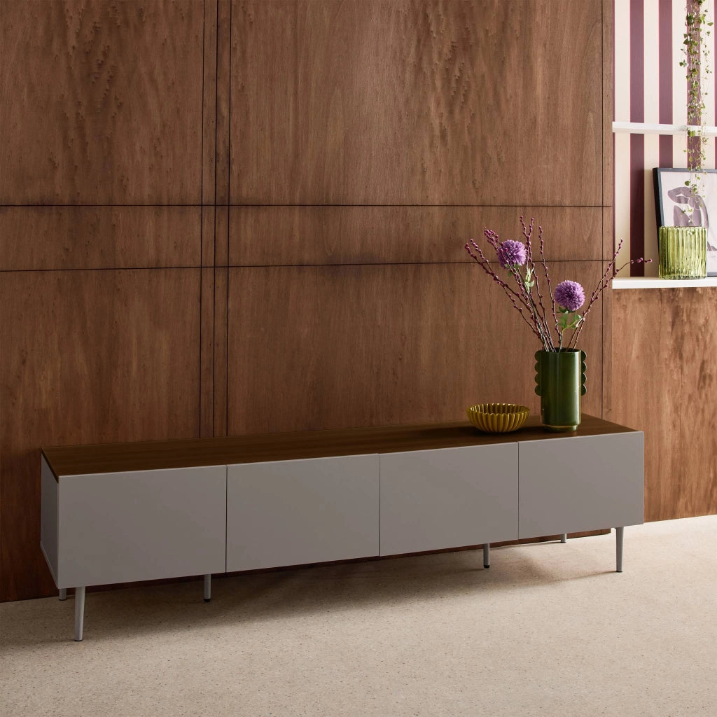 Mobile tv in metallo e decorazione in legno 4 ante, 180cm, grigio