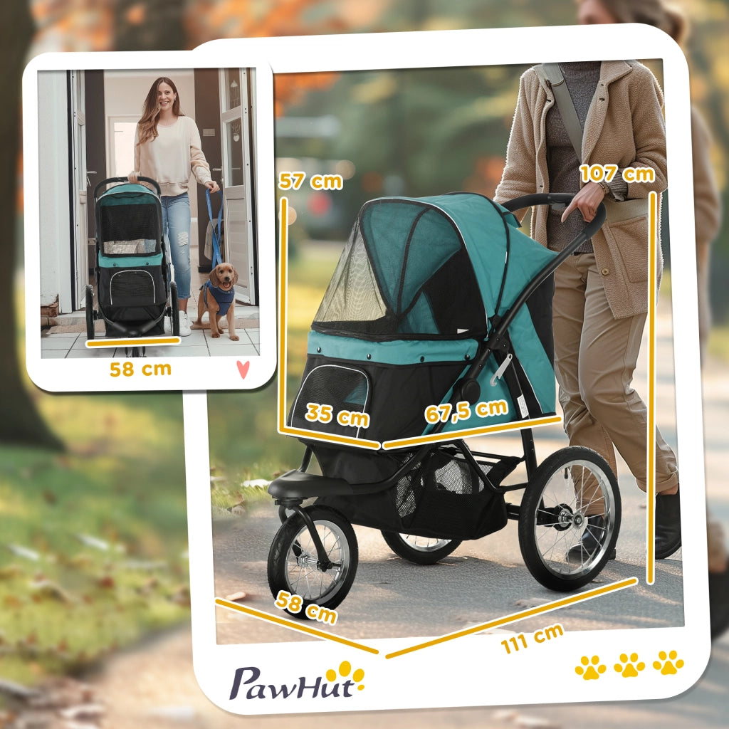 Carrello pieghevole a 3 ruote in gomma con ruota anteriore bloccabile per cani e gatti in poliestere verde scuro